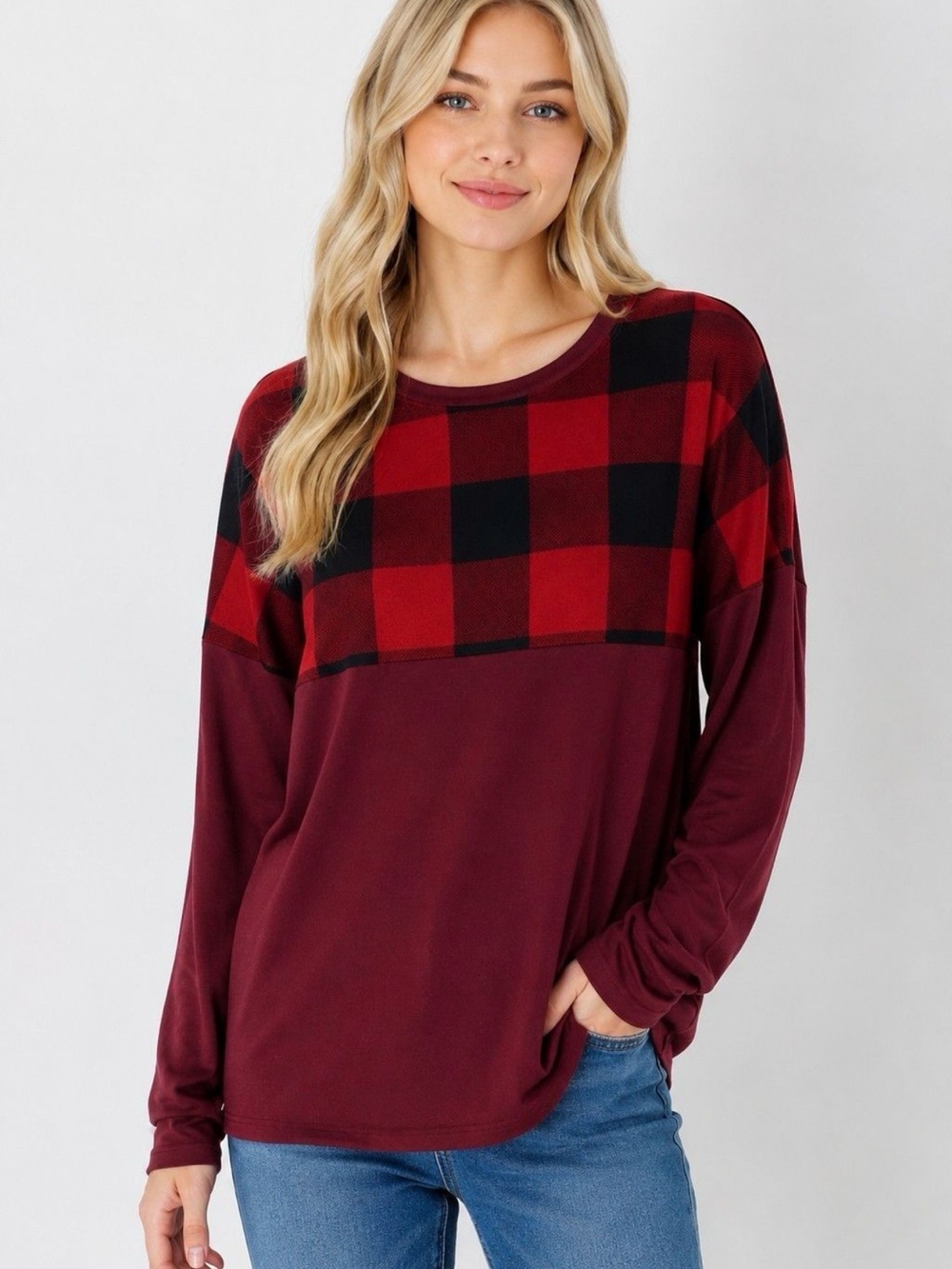 Brand new Zenana buffalo plaid with burgundy color block shirt size medium